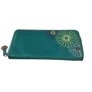 TRAVELON Women's Green Zip Around Wristlet Embroidered Floral Travel Nylon